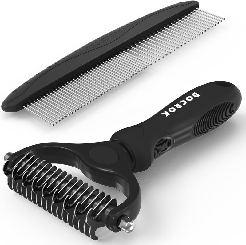 Docrok Pet Grooming Combo: Undercoat Rake, Dematting Deshedding Brush for Long-Haired Dogs and Cats, Black - Image 1